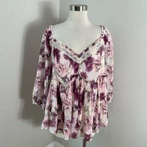 Torrid Womens Plus 1X Floral Lace Trim Peasant Top Long Sleeve Babydoll Blouse